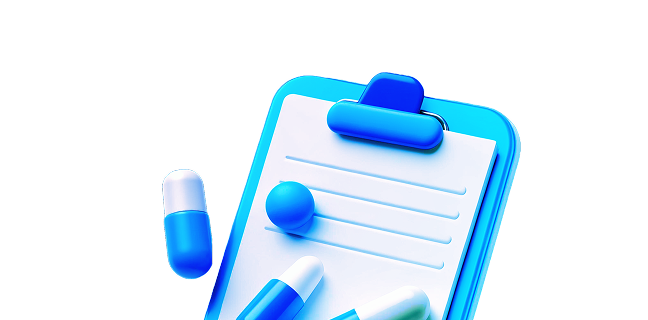 A digital clipboard with a notepad and blue and white capsules scattered around it, symbolizing medication management.