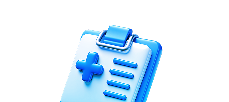 A 3D illustration of a blue medical clipboard with a cross symbol and horizontal lines, representing health records or documentation.