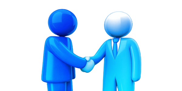 Two stylized figures in blue shake hands, symbolizing agreement or partnership in a professional context.