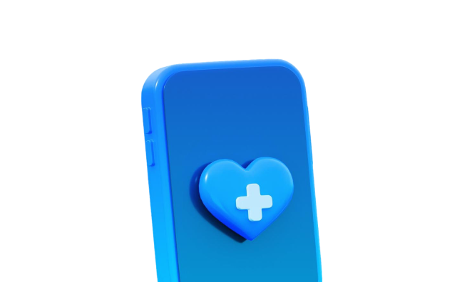 A blue smartphone with a heart icon featuring a medical cross, symbolizing health and wellness technology.