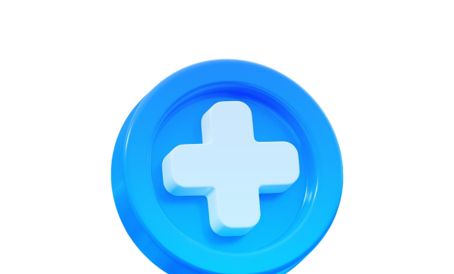 A blue circular button featuring a prominent white medical cross symbol in the center, symbolizing health or plus functionality.