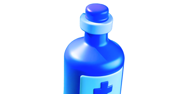 A blue medical bottle with a white cap and a cross symbol on its label, symbolizing health or healing.